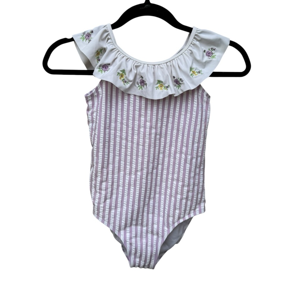Janie and Jack Purple Striped Floral Ruffle Swimsuit size 10